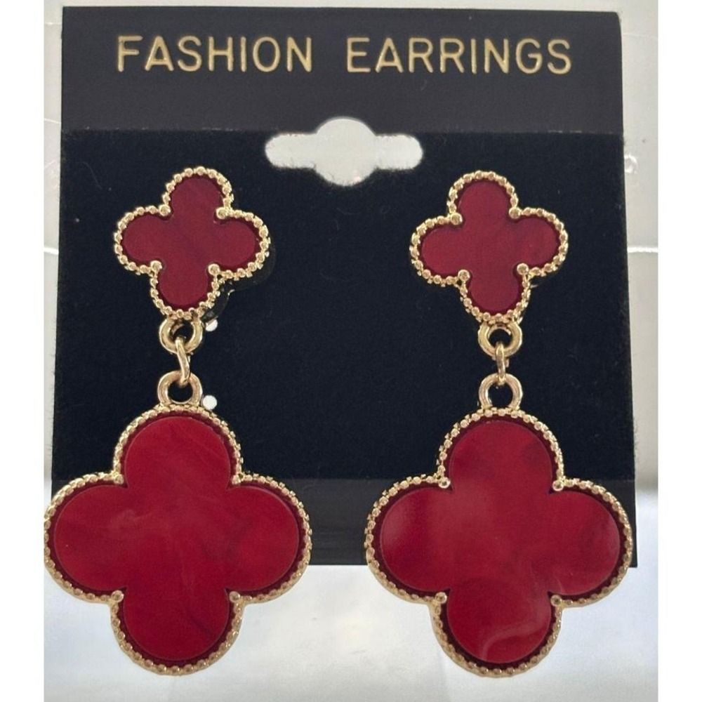 Gold-Plated Red Drop Earrings With Elegant Design & Textured Details